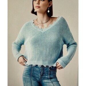 Jessica Simpson Light Blue Distressed Hem Cotton Knit Sweater Large V-Neck Long